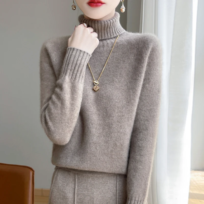 New seamless integration in autumn and winter 100% merino wool sweater women's high lapel loose slim warm knit bottoming sweater 4