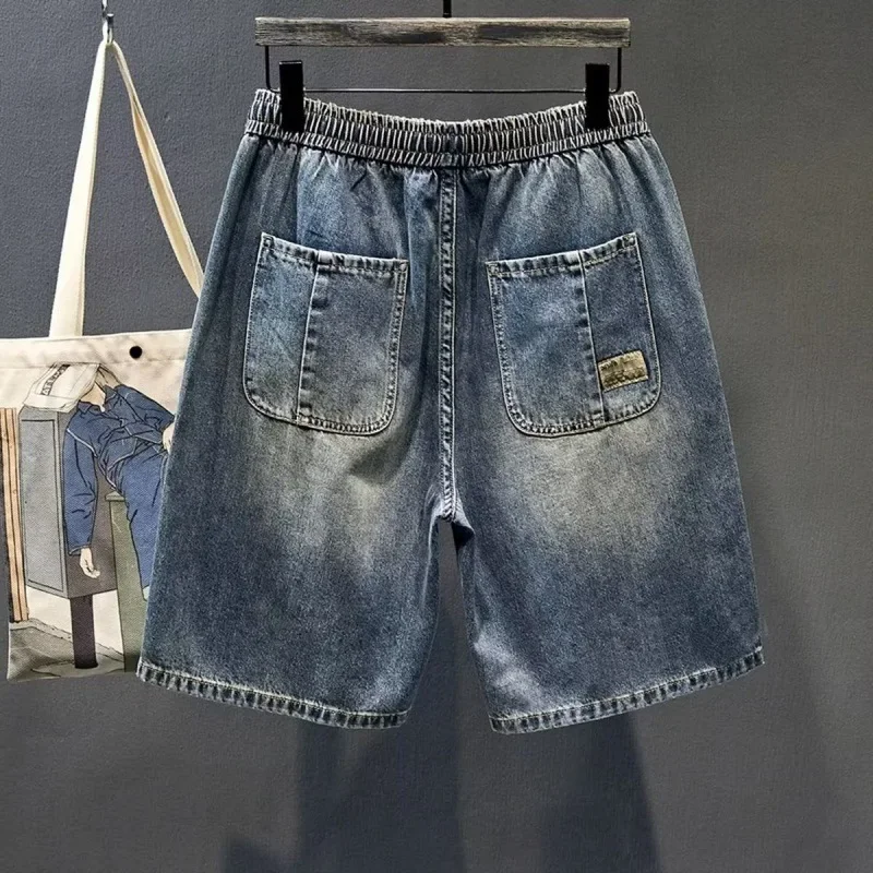 Men's Vintage Denim Shorts Summer Straight-leg Pants Loose-fit Elastic Waist Casual Five-minute Jeans
