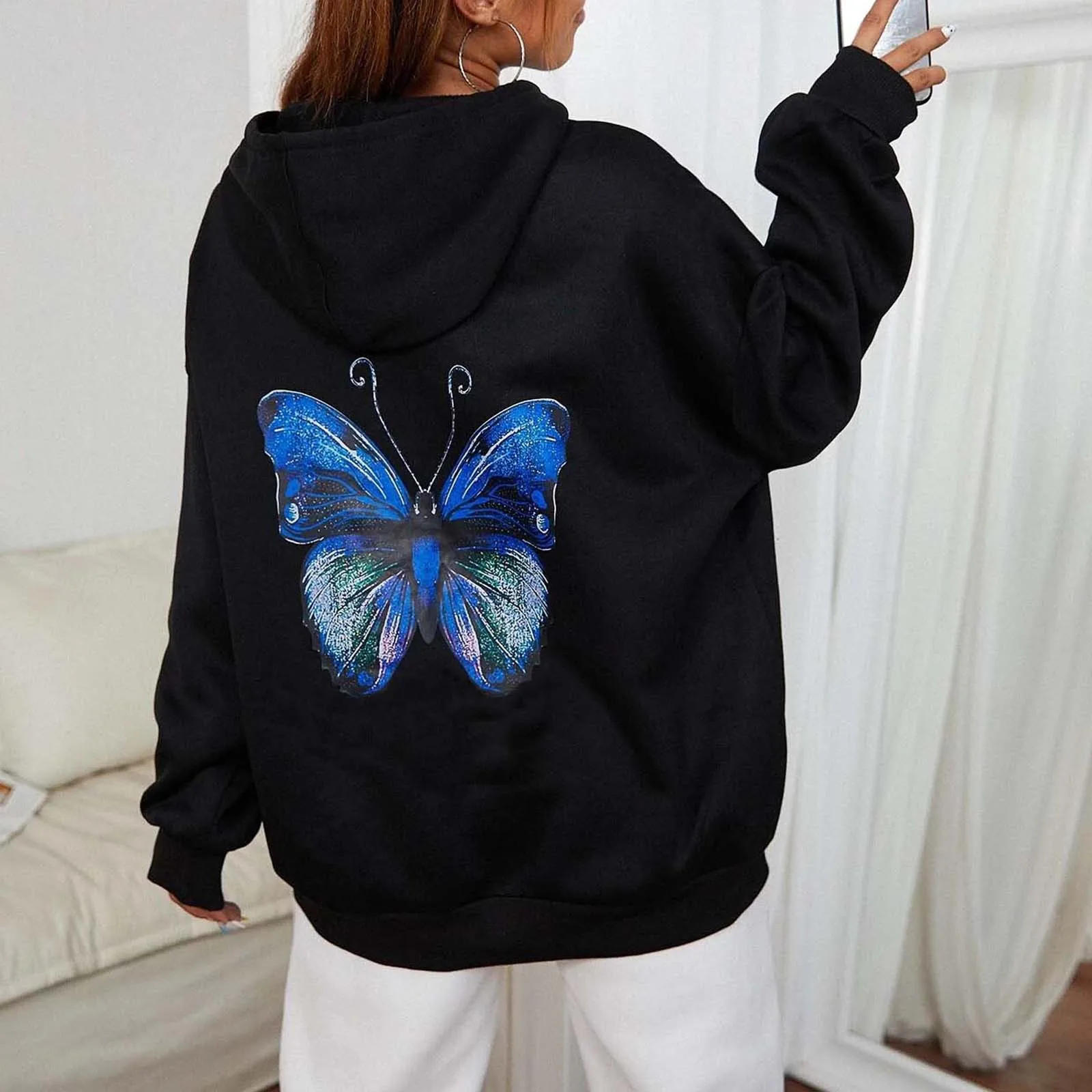 

Women's butterfly print loose hoodie and fleece hoodie