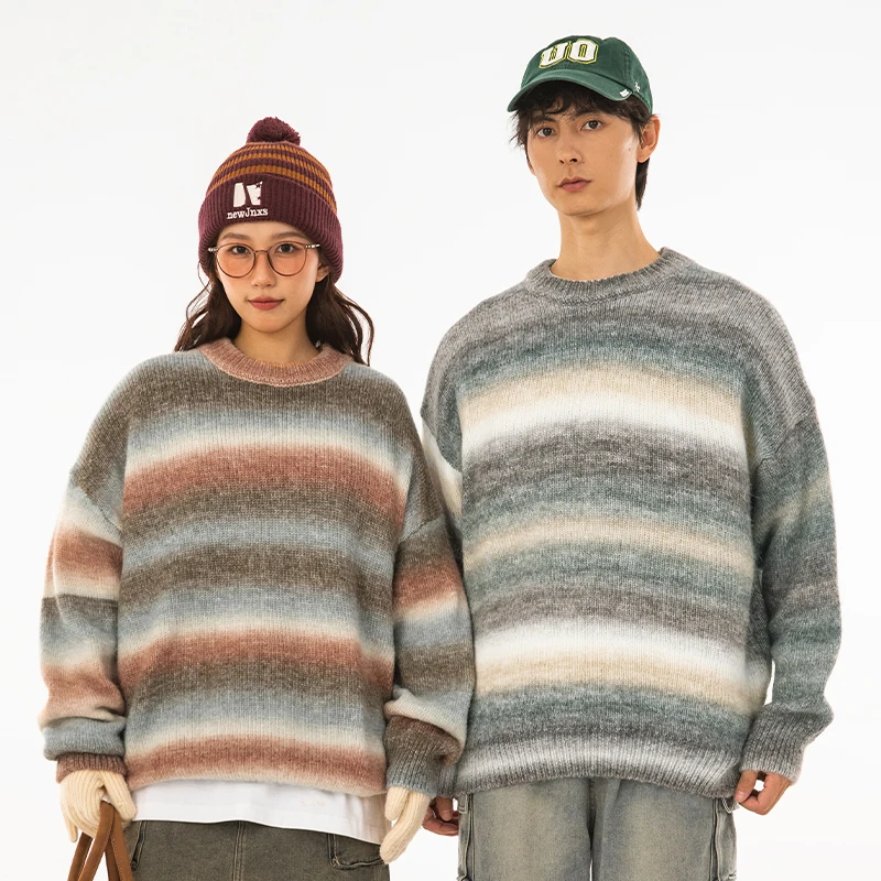 

Gradual satin dyeing process round neck sweater for men and women in autumn and winter, couple stripes, casual knitwear, sweater