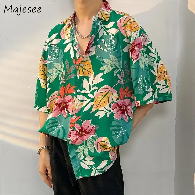 

Vintage Print Shirts Men Hawaiian Thin Summer M-3XL Handsome Harajuku Vacation Camisas Temper Couple Clothes Japanese Streetwear