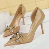 2024 Women 8cm Thin High Heels Side Hollow Leather Pumps Female Fashion Metal Diamond Buckle Red Khaki Prom Shallow Party Shoes 3
