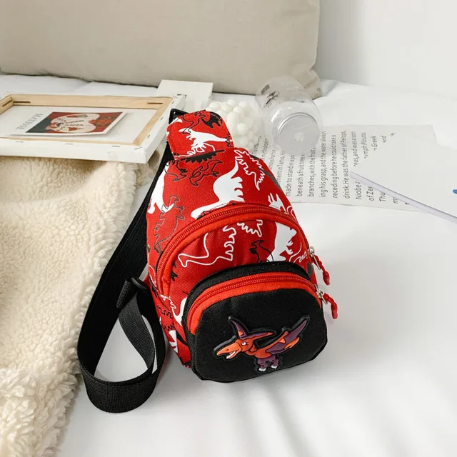 Kids Waist Bags Cartoon Dinosaur Print Outdoor Travel High Capacity Crossbody Zipper Bag Girl Boy Gift Children Chest Pouch Pack A red