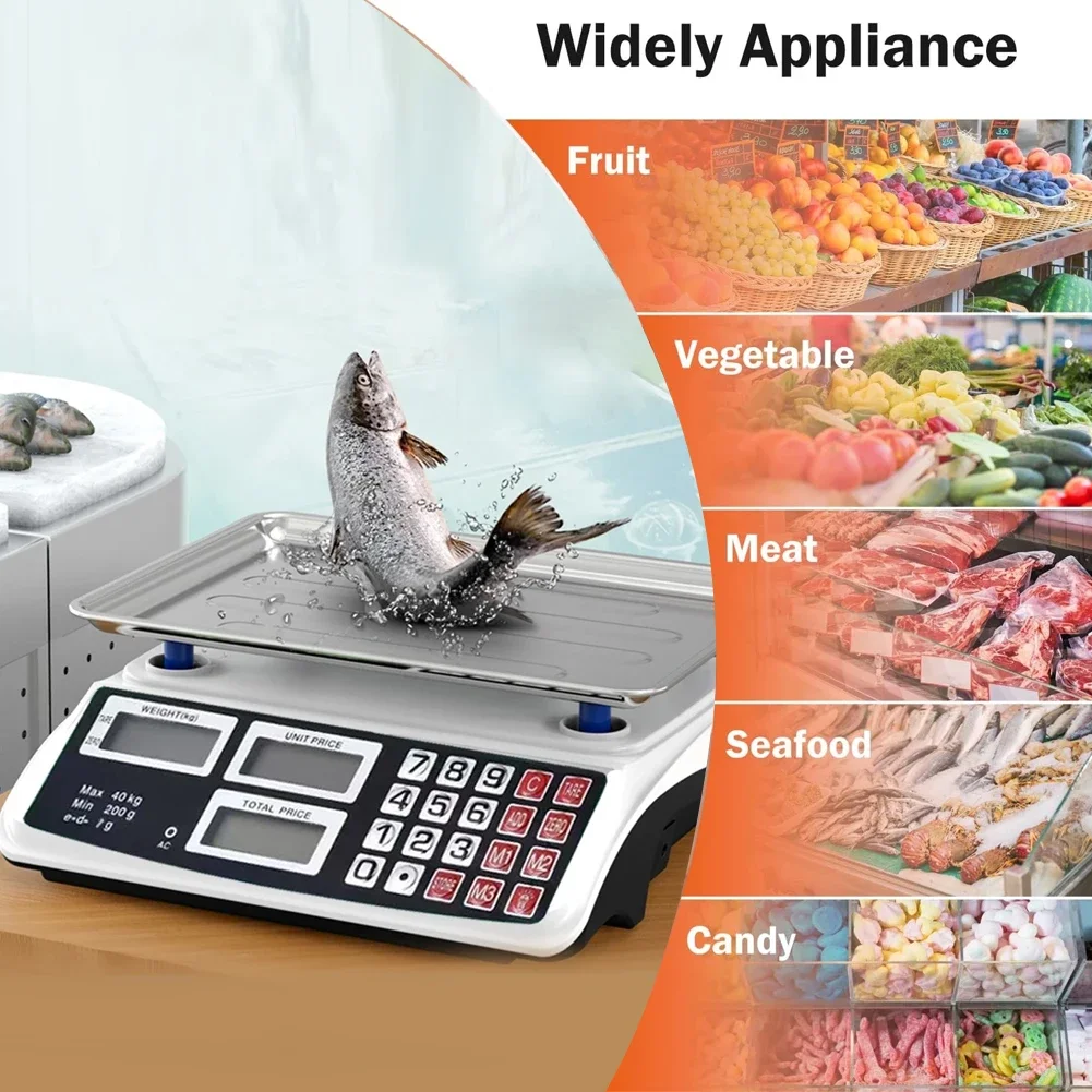 40kg/1g Price Computing Scale with Stainless Steel Plate Counting Weight Scale Waterproof Electronic Small Scale for Vegetables