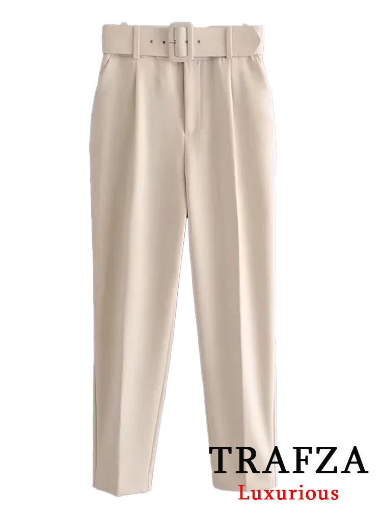 TRAFZA Office Lady Beige Women Suits Long Sleeve V Neck Oversized Blazer+High Waist Wide Leg Pants Fashion 2024 Vintage Sets