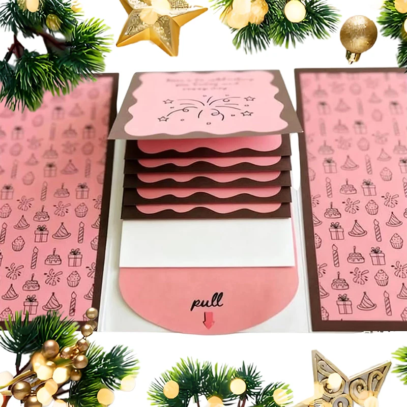 Custom-made Waterfall Gift Card Booklet for Christmas; Unique Pull-out Design for Birthdays