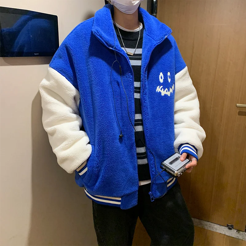 

Klein Blue Hip Hop Fleece Warm Coat Winter Men's and Women's Couple Clothes Embroidery Fashion Casual Fleece Bomber Jacket Men
