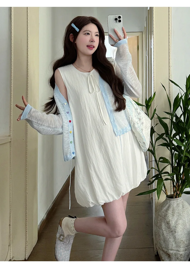 임산부 여름복 2026 스윗 큐트 버드 드레스 & 시스루 긴팔 자외선 차단 가디건 투피스 세트