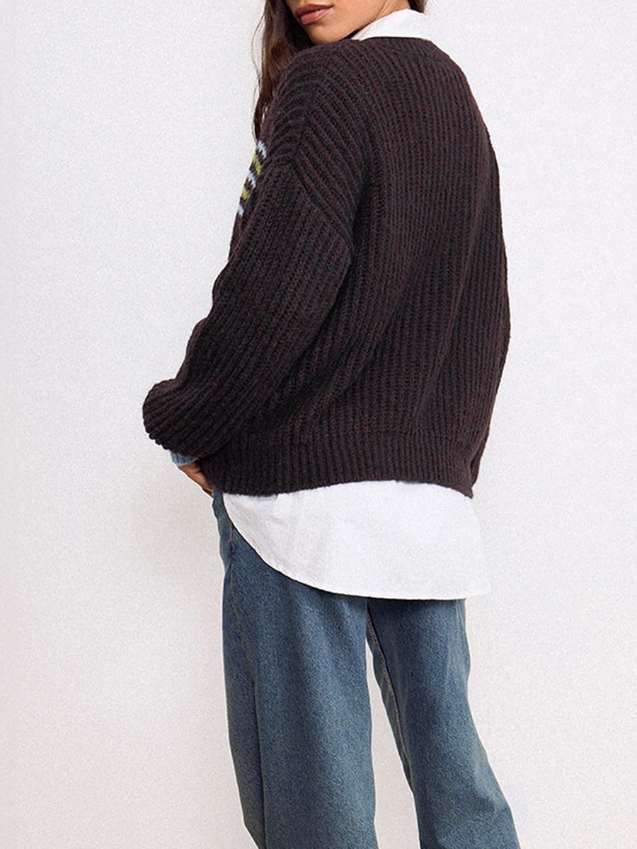 Women s Oversized Knit Sweater with V-Neckline and Ribbed Cuffs Cozy Winter Pullover Jumper Casual Loose Fit Tops