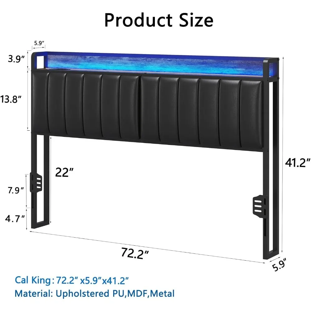 LED Cal King Size Upholstered Headboard with Charging Station, Cal King Storage Headboard Height Adjustable, Black PU Upholstery