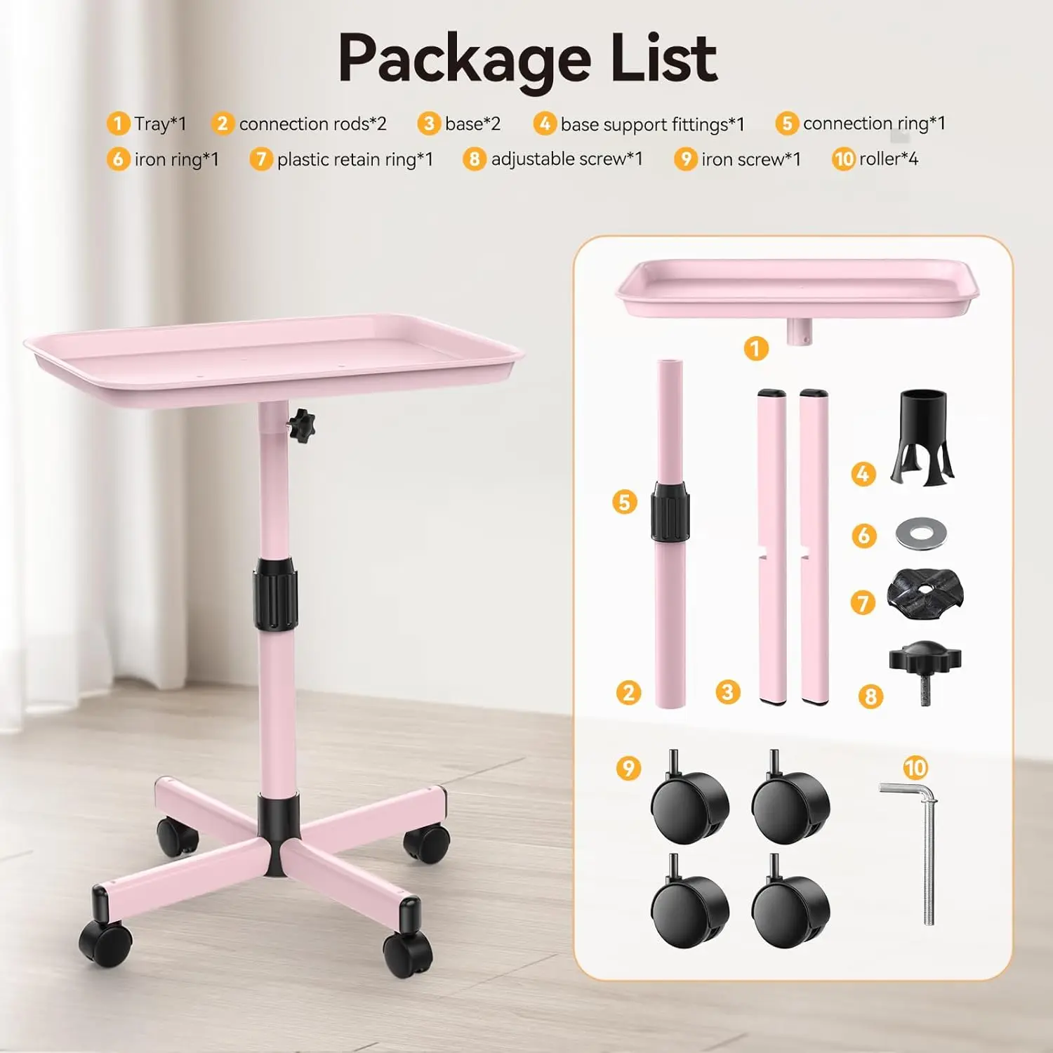 Salon Tray on Wheels, Adjustable Tattoo Tray Salon Trolley Cart for Hair Stylist Salon Rolling Tray for Clinic