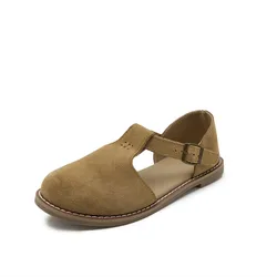 AIYUQI Retro Frosted Leather Women's Roman Sandals - Flat - Soled Hollow Design - 38 (Brown)
