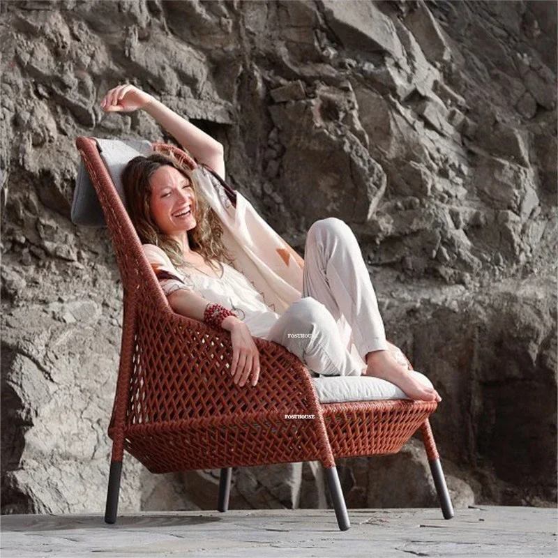 Nordic Rattan Outdoor Garden Sofas Courtyard Backrest Armchair Sofa Leisure Outdoor Garden Furniture Rattan Single Sofa Chair