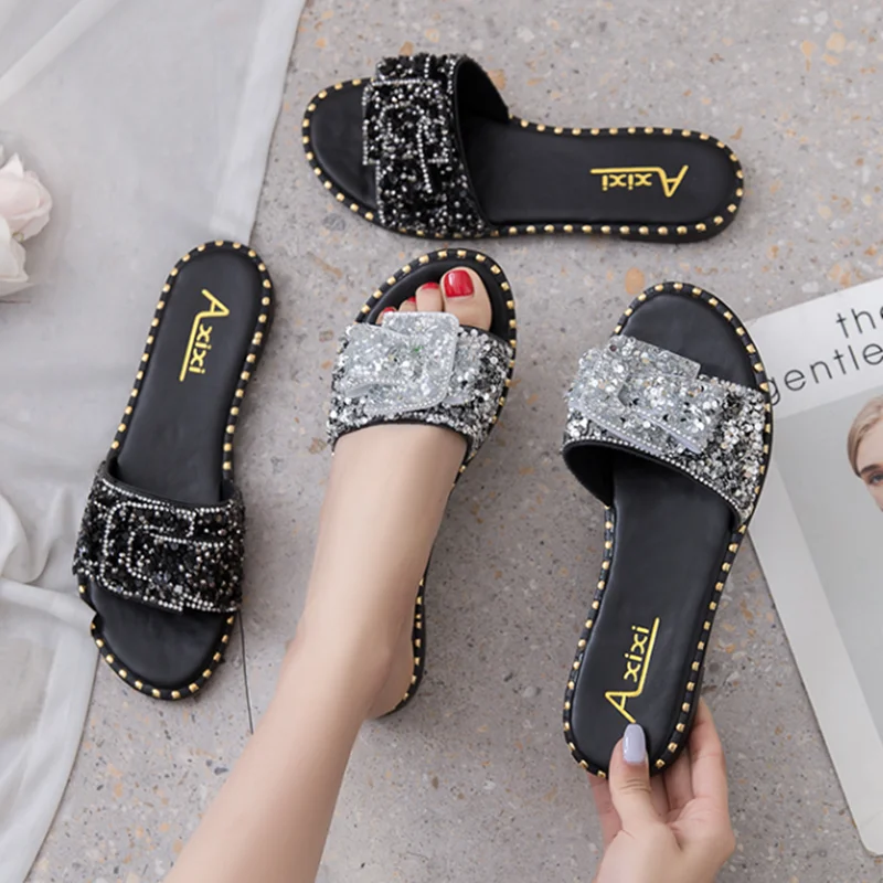 Lady Bow High Quality Bling Shoes Casual Summer Open Toe Women Slides Sequined Cloth Flat Slippers Black Grey Plus Sizes 43 -35