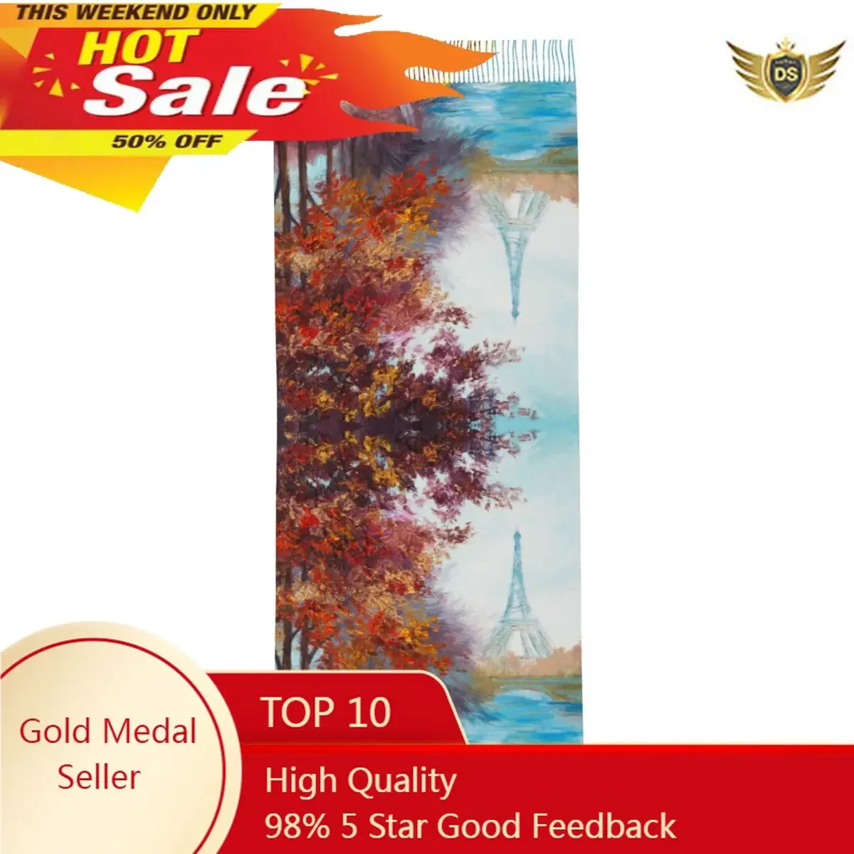 Women Scarf Tassel Head Wraps Oil Painting Of Eiffel Tower Autumn Landscape Thin Autumn Spring Winter Tassel Scarves Bandana