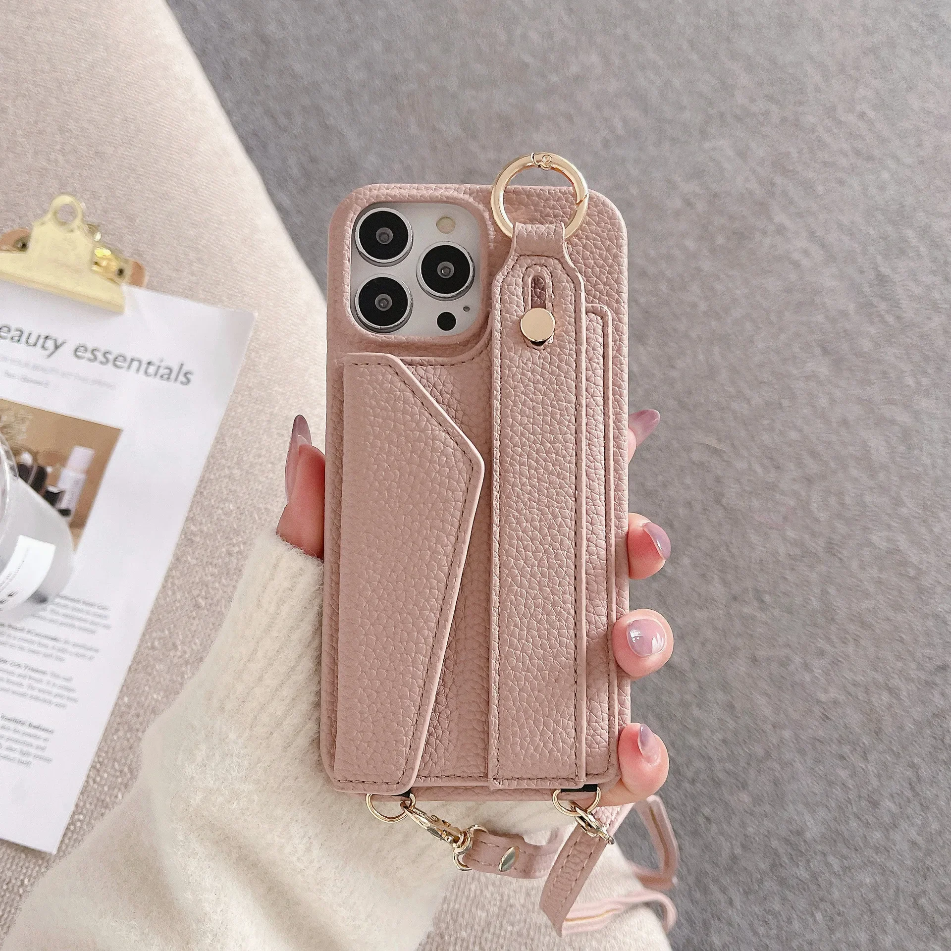 Luxurious Leather Crossbody Wristlet Phone Case with Card Slot and Lanyard