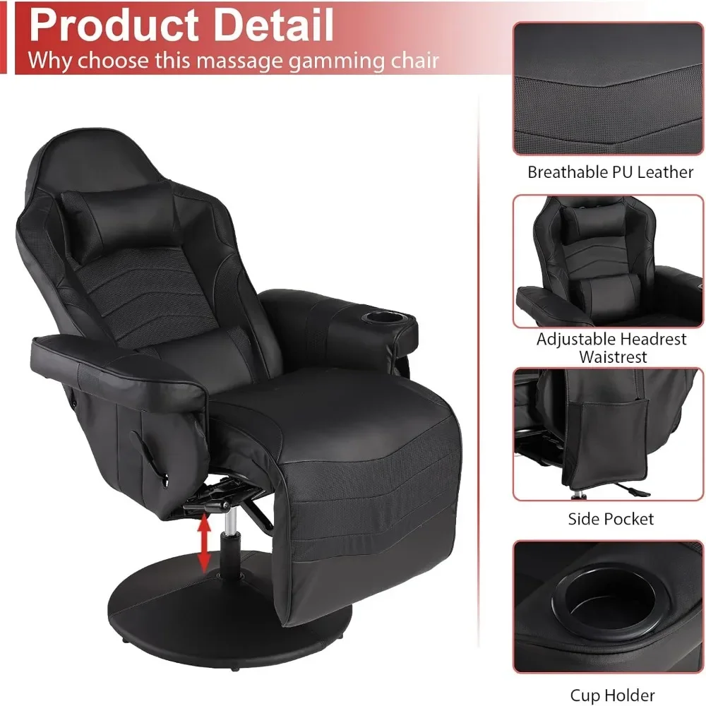 Massage Gaming Recliner Chair, Ergonomic Backrest & Seat Height Adjustment Swivel Recliner, PU Leather High Back Computer Chair 4