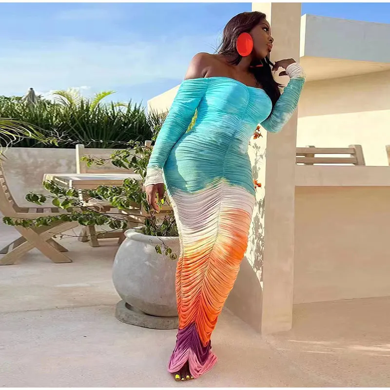 Women Gradient Tie Dye Printed Off Shoulder Long Sleeve Maxi Long Midi Bodycon Ruched Dress 2023 Sexy Party Club Dresses Female