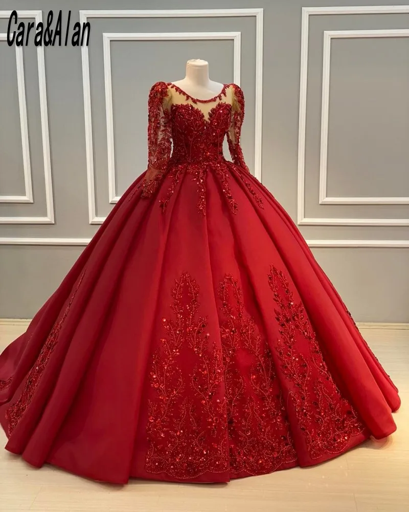 

Modest Red Evening Dresses Long Sleeve Beading Sequin Satin Ball Gown Prom Dress Scoop Women Wedding Reception Party Dress