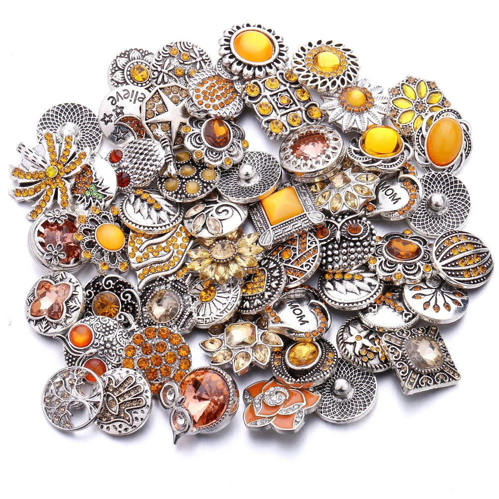 20pcs New Crystal  Flower Heart Mixed styles 18mm Metal Buttons Snap Bracelets Bangles Snaps Jewelry Making