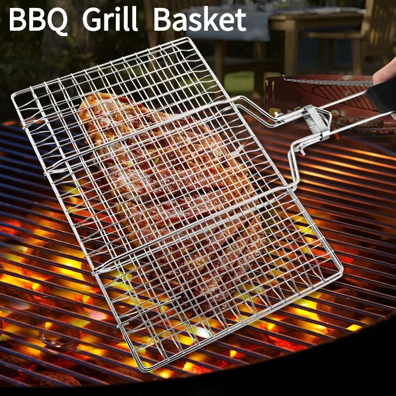 

Portable BBQ Grill Basket Stainless Steel Fish Grill Basket,Removable Handle,Grill Accessories,Outdoor Grill Vegetables Shrimp