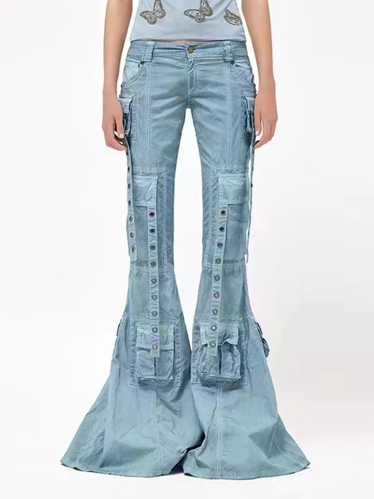 BPN Streetwear Patchwork Pockets Denim Pants For Women High Waist Solid Slimming Chic Flare Jeans Female Fashion Clothing Style