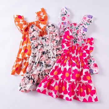 Summer Girls New Flying Sleeve Dress Floral Print Skirt Fashionable Versatile Square Neck Dress 1