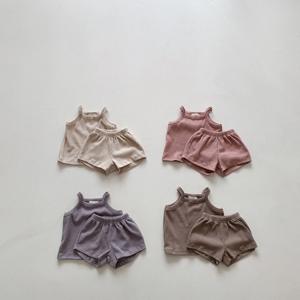 2025 Summer New Baby Sleeveless Clothes Set Solid Infant Sling Vest + Shorts 2pcs Suit Boy Girl Thin Cotton Toddler Outfits 6