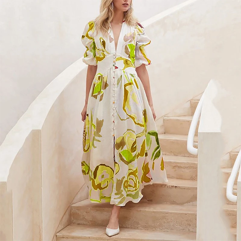 Fashion Floral Print Dress Women Summer V Neck Elegant Long Dress Spring Loose Boho Ladies Beach Seaside Holiday Maxi Dress