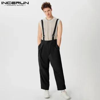 INCERUN 2024 Korean Style Men's Overalls Solid Color Casual Jumpsuits Stylish Casual Well Fitting All-match Simple Rompers S-5XL