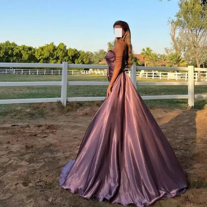 

AsaNagi Light Purple Evening Satin Long Prom Dresses Off The Shoulder Elegant Robe De Soirée Ball Gown Women Party Dress 2023