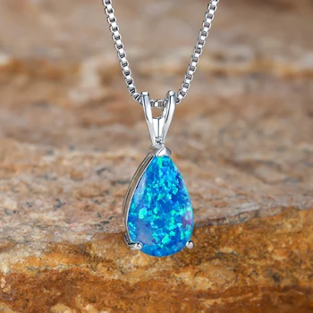 Pear Cut Rainbow Blue Purple Pink Orange Green Fire Opal Necklaces For Women Silver Color White Stone Pendant Wedding Jewelry