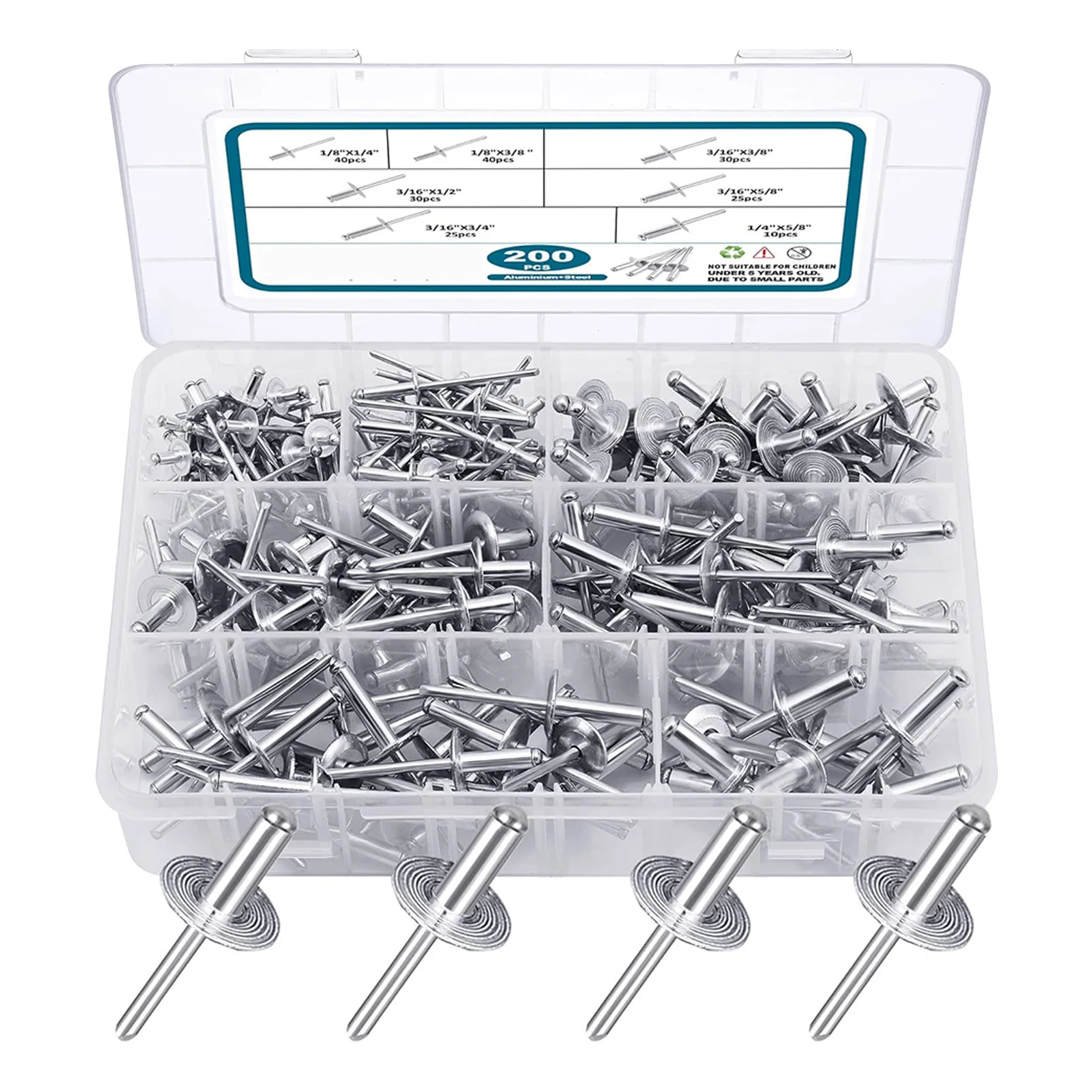 

200pcs With Storage Case Repair Home Fastener 7 Sizes Easy Install Professional Aluminum Blind Rivet Car Large Flange Hardware