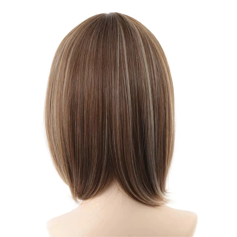 Synthetic Short Women Wig Bob Wig with Hair Bangs Ombre Straight Brown&Blonde Hair for Women Natural Looking Daily Wig Haiepiece
