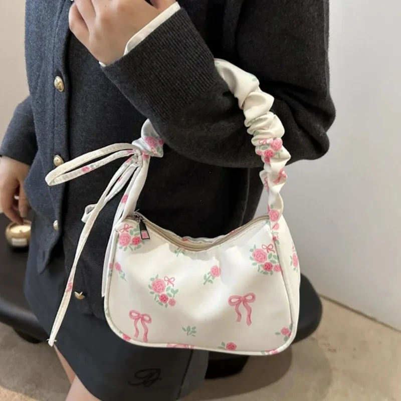 New Women Underarm Bag Canvas Pleated Handbag Cute Rose Flowers Print Little Tote Half Moon Design Purse Mini Shoulder Bags