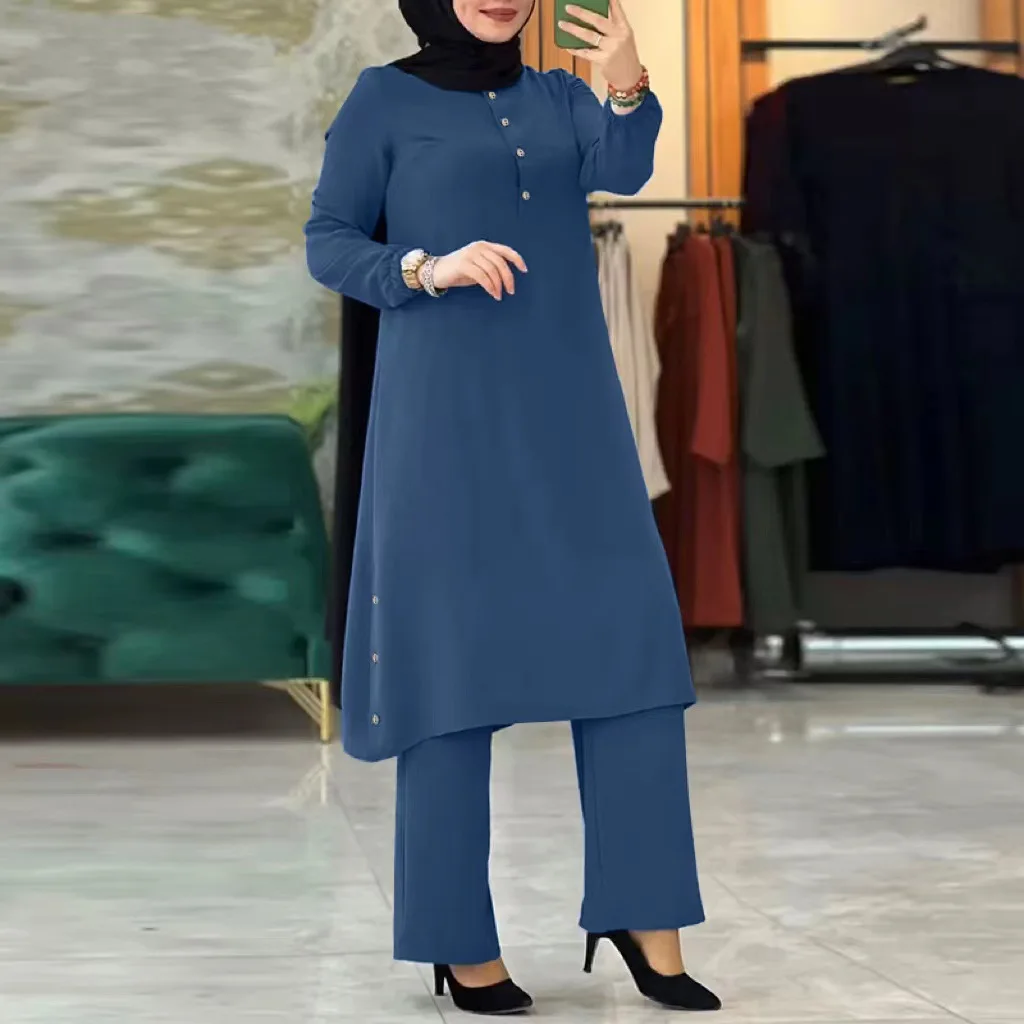 Women's Muslim Two Piece Set Fashion Elegant Solid Colour Irregular Long Shirt Top Wide Leg Pants Robe Abaya Muslim Woman Dubai 2
