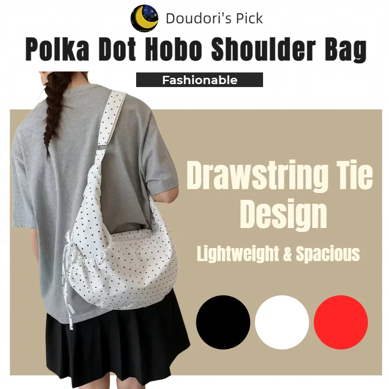 Borsa a Spalla Hobo da Donna in Stile Coreano, Bianca, Nera e Rossa a Pois, con Tracolla Regolabile in Nylon, Design con Coulisse, Leggera e di Grande Capacità