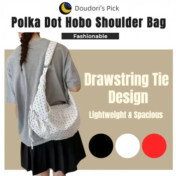 Borsa a Spalla Hobo da Donna in Stile Coreano, Bianca, Nera e Rossa a Pois, con Tracolla Regolabile in Nylon, Design con Coulisse, Leggera e di Grande Capacità