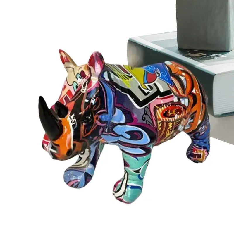 

Resin Graffiti Rhinoceros Figurines for Interior Home Desktop Decoration Painting Colorful Art Animals Statue Crafts Decor Items
