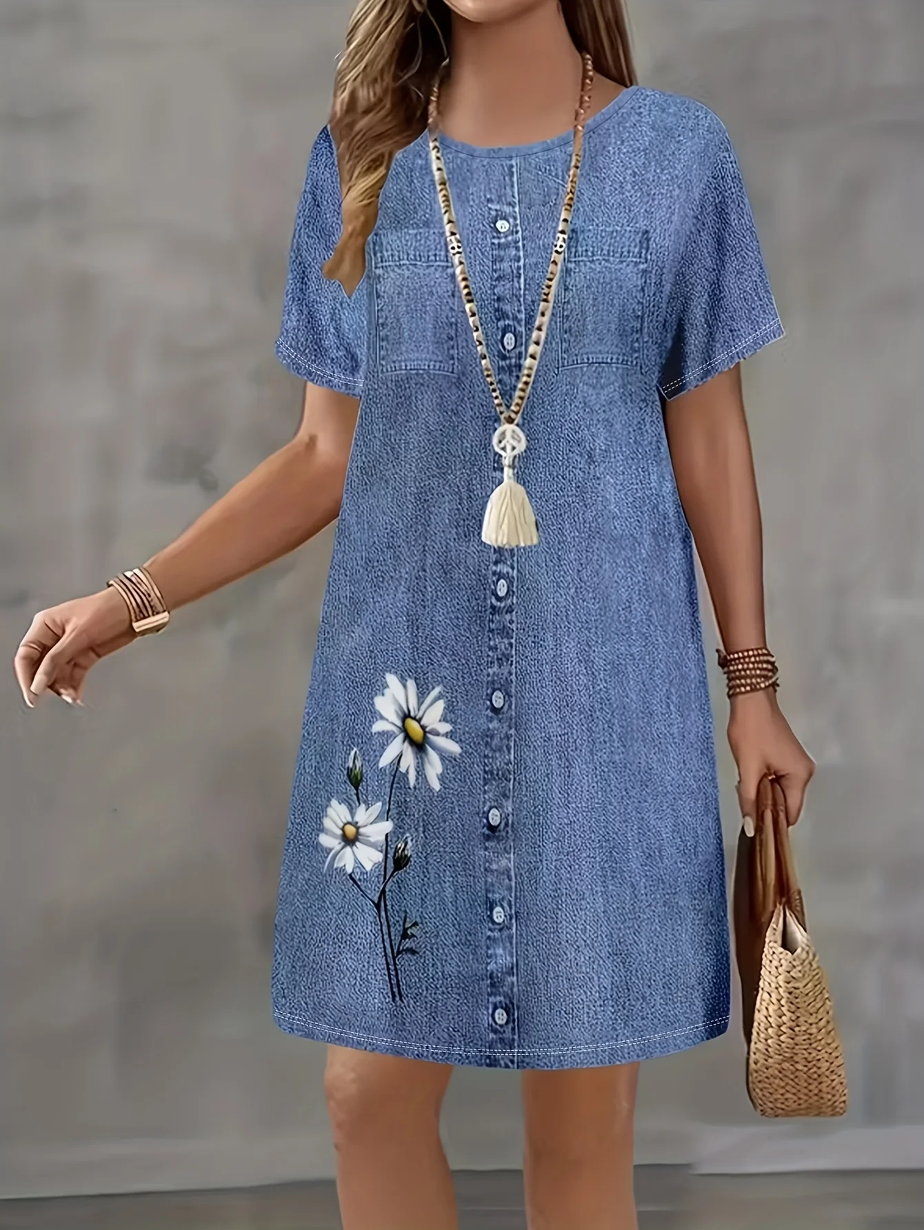 Damen-Midikleid mit Gänseblümchen-Print, Kunst-Denim, Sommer, lässig, kurzärmelig, mit falschen Knöpfen vorne, A-Linie, fließendes Sommerkleid, Strandurlaub