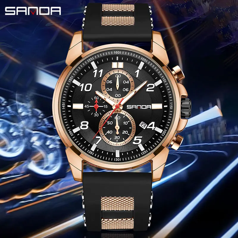 

SANDA Top Brand Luxury Men's Quartz Watch Soft Silicone Strap Business Men Watertproof Chronograph Stopwatch Wristwatch Luminous