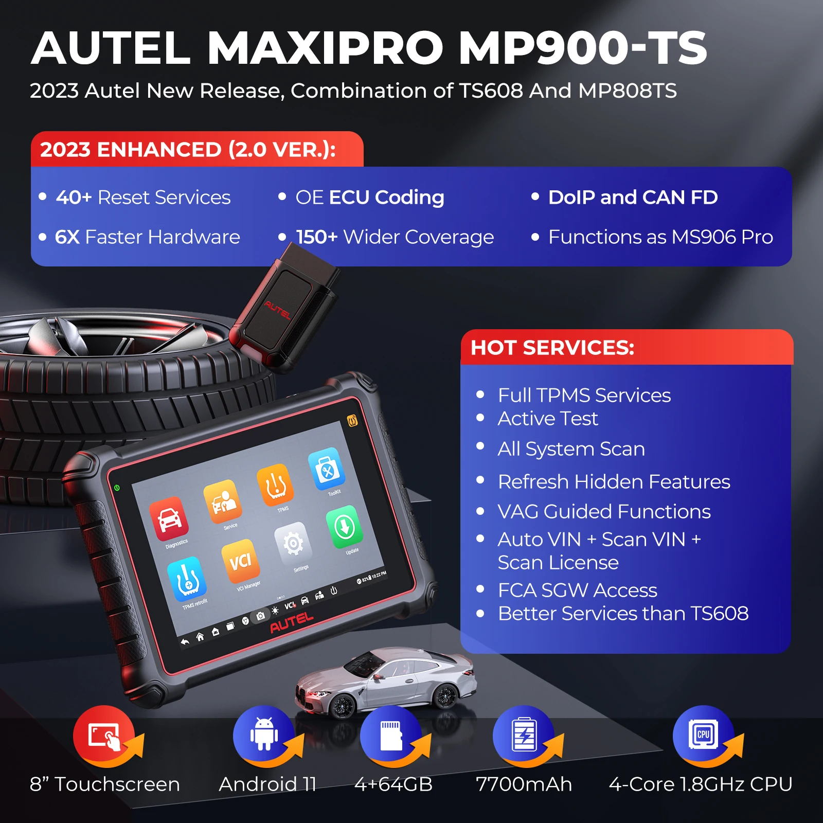 2024 Autel MaxiPRO MP900TS MP900 TS OBD2 Diagnostic Scanner TPMS Programming Coding Tools 8 inch 40 Service