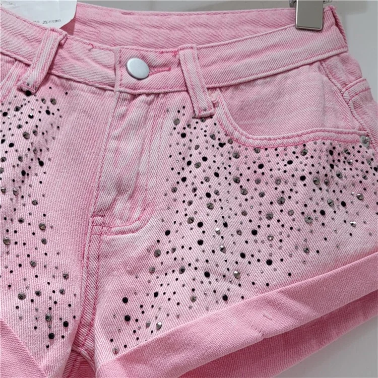 Retro Rhinestone Denim Shorts Women 2024 Summer Fashion New A- Line Wide Leg Short Pants Ultra Short Booty Shorts for Hot Girls