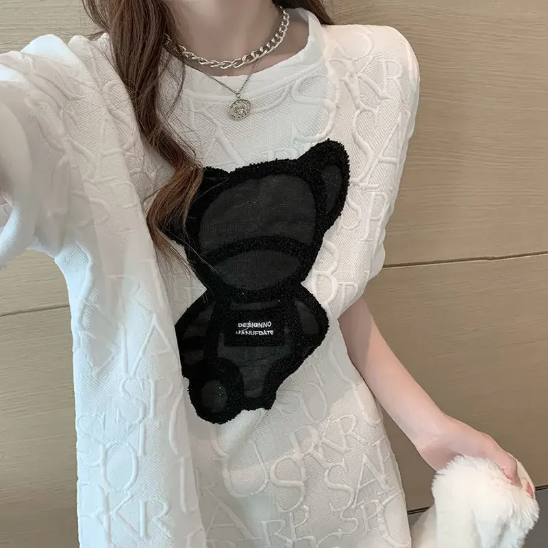 

Letter Jacquard O-neck Short Sleeves Loose Summer T-shirts Women's T Shirt Harajuku Girls Plus Size Tops Bear White Tees Casual