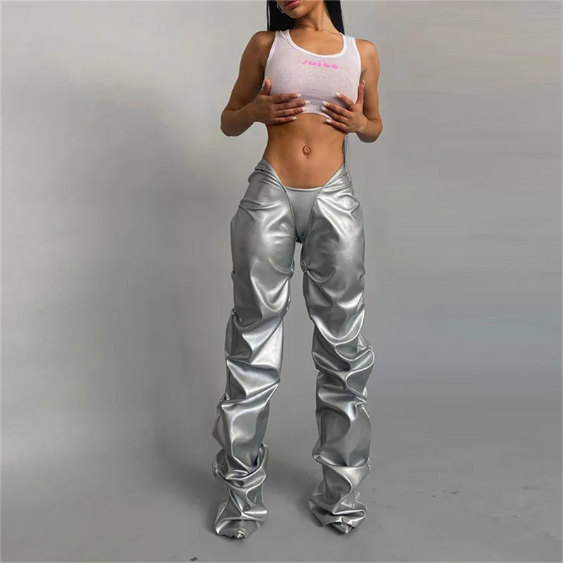 Fashion Pleated Pu Imitation Leather Sexy Low Waist Straight Casual Trousers Women's Solid Color Pleated Street Trend Trousers