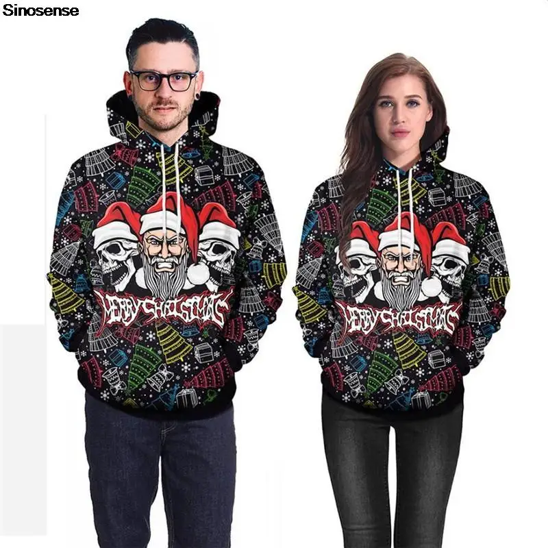 

Men Women Santa Skull Ugly Christmas Sweater 3D Christmas Tree Bell Gift Snowflakes Printed Autumn Winter Xmas Hoodie Sweatshirt