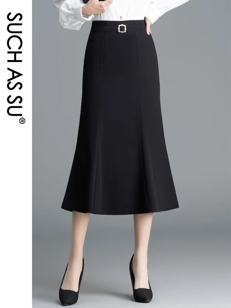 SUCH AS SU Spring Autumn Career Package Skirt Women 2024 Black Coffee High Waist Mid-Calf Mermaid S-3XL Size Ruffle Skirt Female