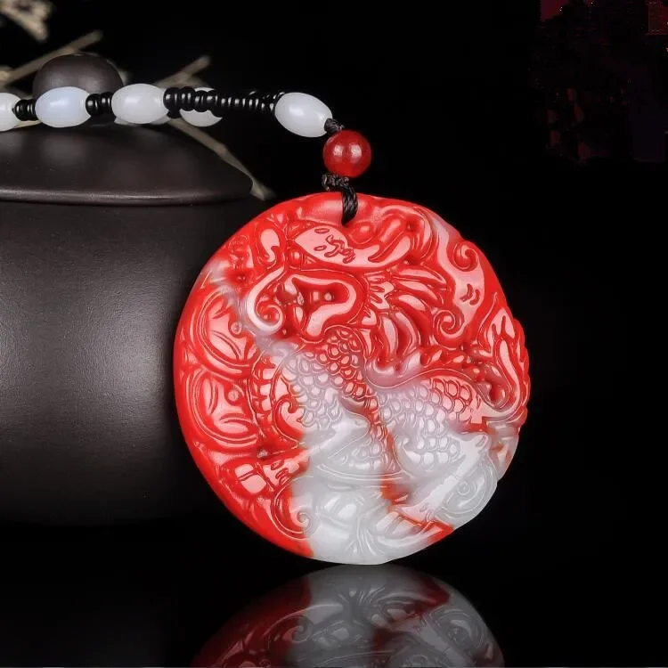 

Carved Red White Jade Kirin Pendant Natural Chinese Necklace Jadeite Jewellery Fashion Lucky Woman Amulet Gifts Sweater Chain