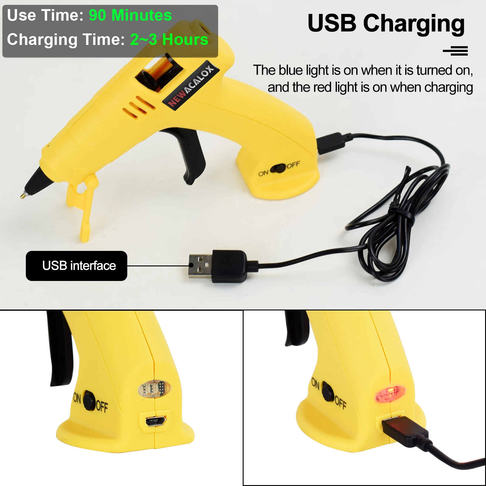 

NEWACALOX Cordless Hot Glue Gun with 100Pcs 7mm Glue Sticks Fast Preheating Mini Hot Glue Gun Household DIY Industrial Guns