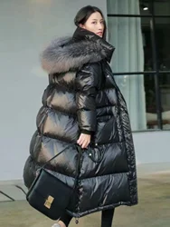 Women's Over Knee Long Down Jacket 2023 Winter White Duck Down Real Raccoon Large Fur Collar Glossy Surface Thickened Warm Coat
